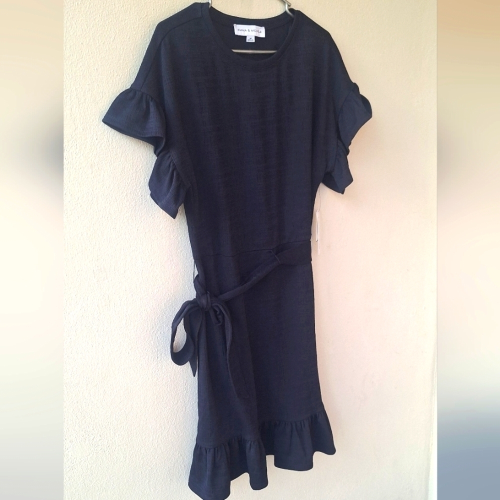Emma & Michele Blue Navy Ruffle Women's Dress Flutter Short Sleeves Size M NWT - Picture 4 of 11